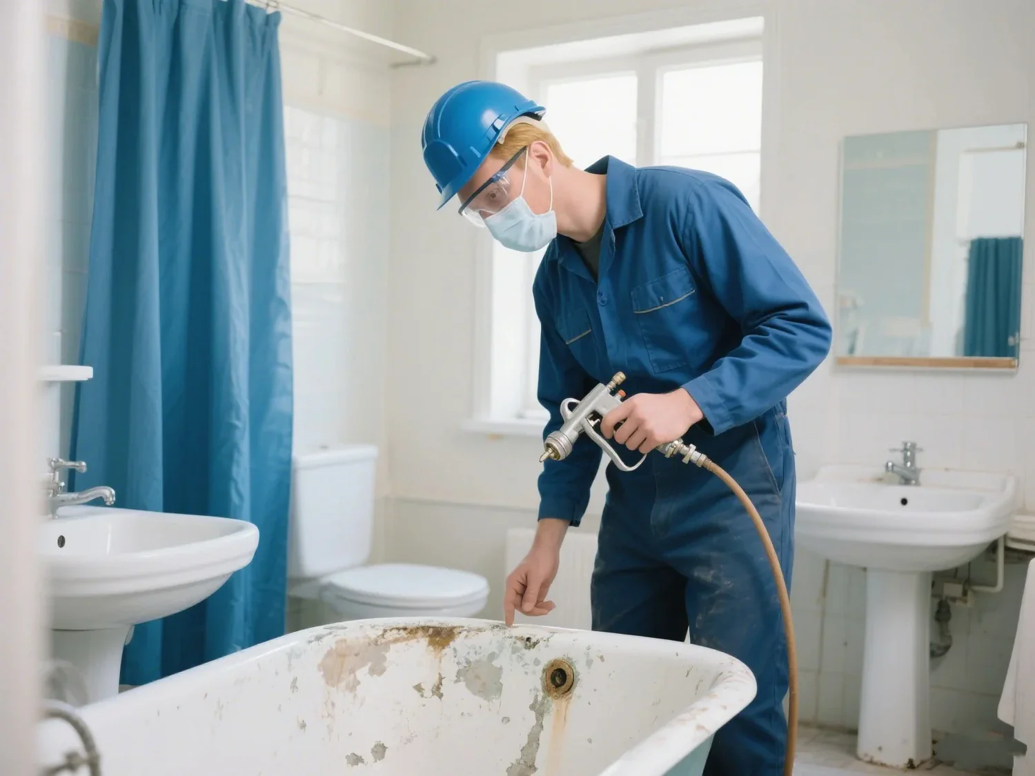 Technician refinishing a bathtub